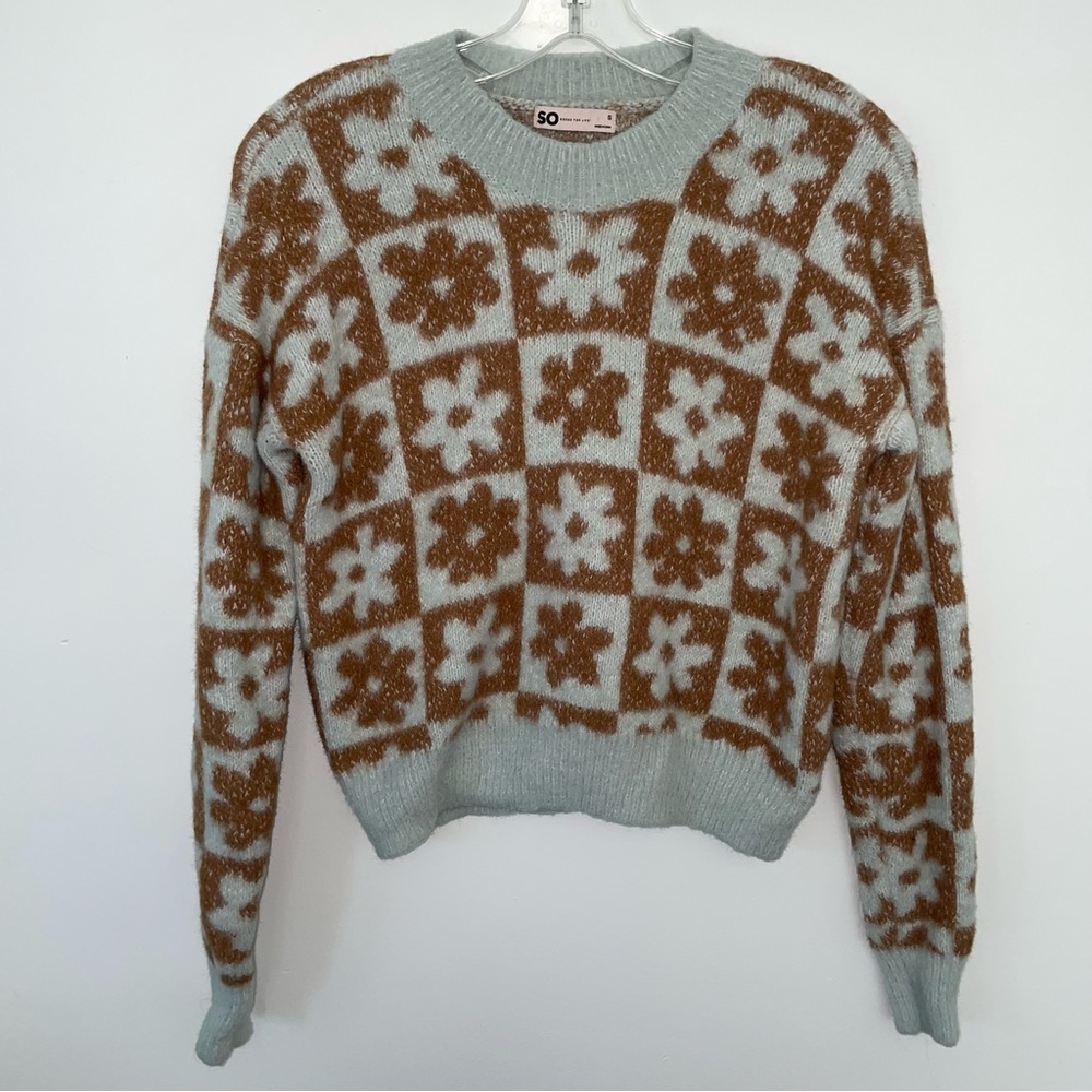SO Goods for life Womens Sweater Small Brown Floral Cropped Preppy Comfy Fuzzy